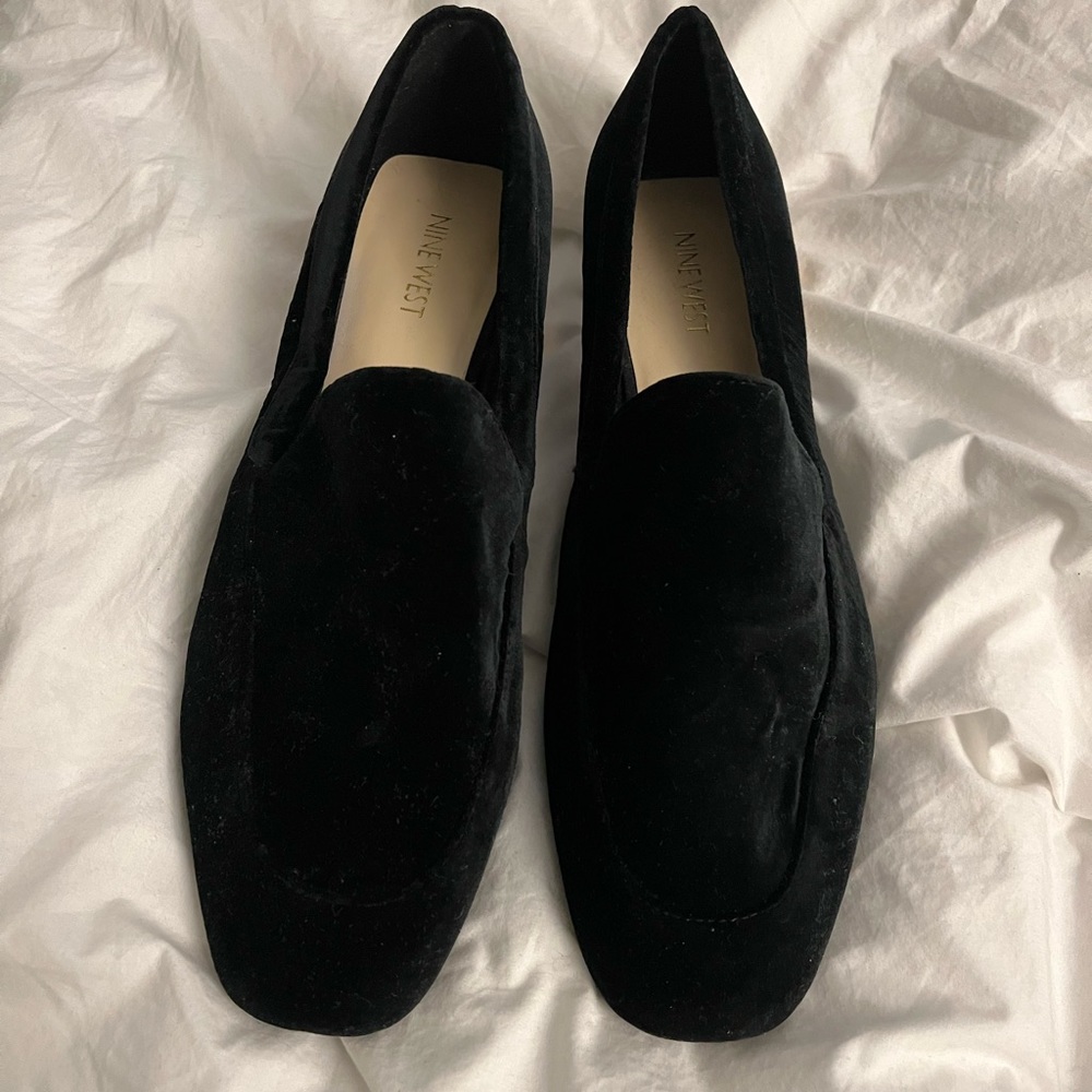 Nine West velvet loafers with chunky clear heel